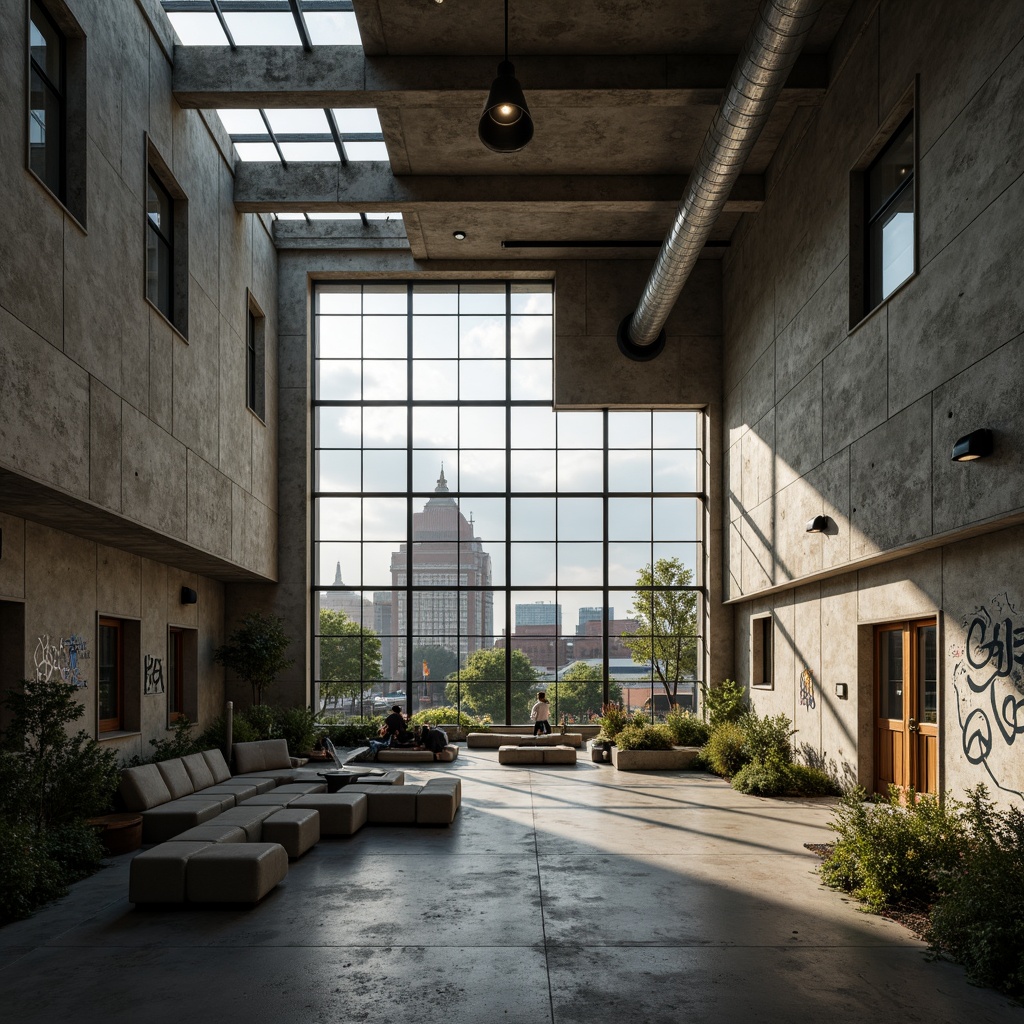 Prompt: Rugged community center, brutalist architecture, raw concrete walls, exposed ductwork, industrial metal beams, natural light pouring in, large skylights, clerestory windows, urban landscape views, gritty cityscape, overcast sky, soft diffused lighting, high contrast shadows, dramatic architectural forms, bold geometric shapes, functional minimalism, communal gathering spaces, reclaimed wood accents, weathered steel features, abstract graffiti art, moody atmospheric tones, cinematic composition, realistic textures, ambient occlusion.