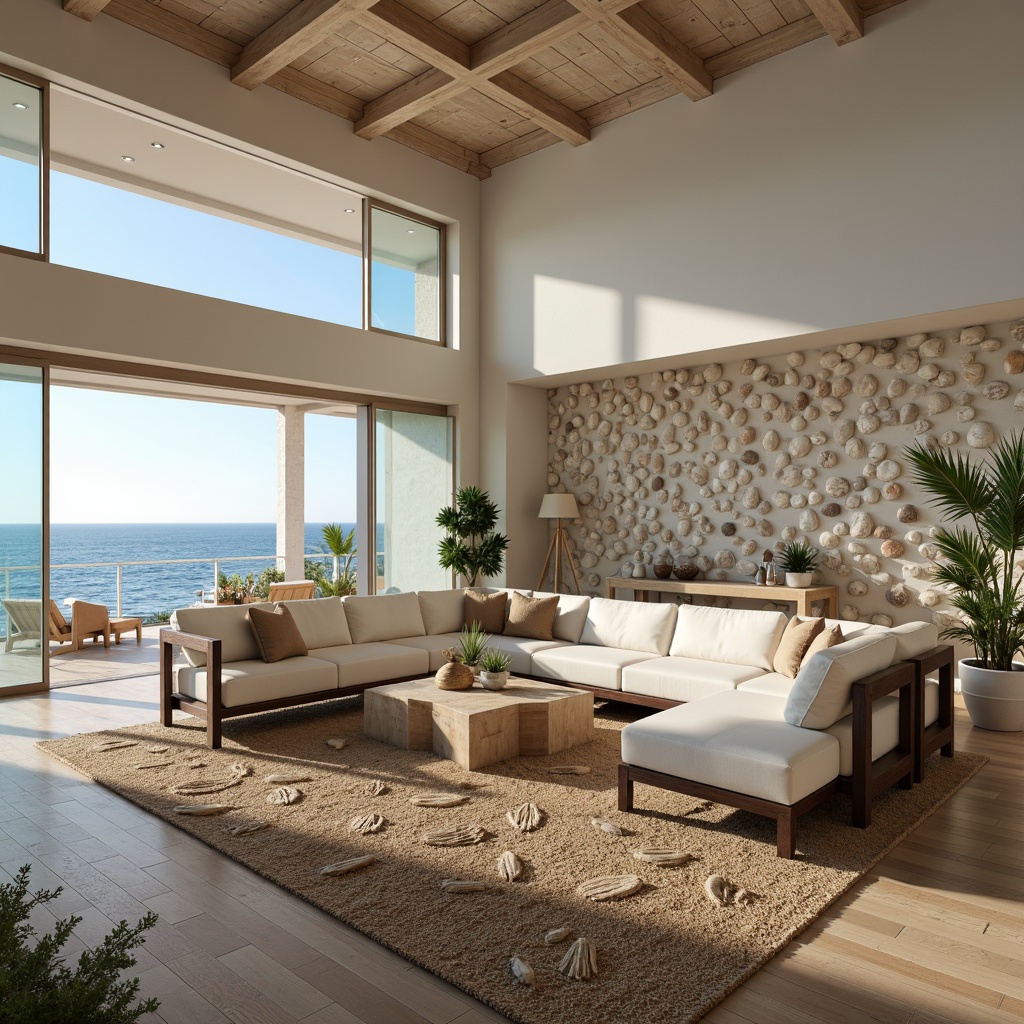 Prompt: Coastal living room, ocean-inspired color palette, driftwood accents, natural textiles, woven sea grass furniture, coral-patterned rugs, shell-adorned decorative walls, floor-to-ceiling windows, sliding glass doors, panoramic ocean views, soft warm lighting, beachy ambiance, minimalist decor, nautical-themed accessories, distressed wood flooring, plush sectional sofas, built-in shelving units, tropical plants, calming atmosphere, 1/1 composition, realistic reflections, ambient occlusion.