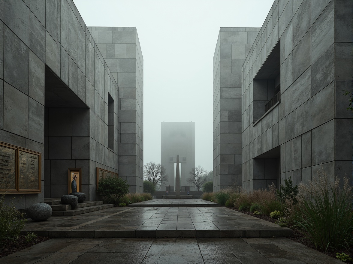 Prompt: Monumental brutalist architecture, rugged concrete textures, fortress-like structures, solemn atmosphere, commemorative plaques, abstract sculptures, geometric shapes, raw industrial materials, dramatic lighting effects, misty foggy mornings, shallow depth of field, 1/1 composition, symmetrical framing, muted color palette, weathered stone walls, overgrown vegetation, abandoned industrial landscapes, eerie silence, haunting shadows.