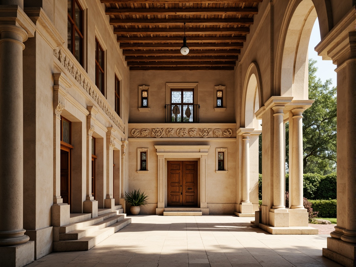 Prompt: Elegant monastery facade, neoclassical columns, ornate stone carvings, grand entrance archways, symmetrical composition, soft golden lighting, warm beige stonework, subtle texture details, intricate fresco patterns, vaulted ceilings, stained glass windows, rustic wooden doors, serene courtyard, lush greenery, peaceful atmosphere, shallow depth of field, 1/1 composition, realistic textures, ambient occlusion.