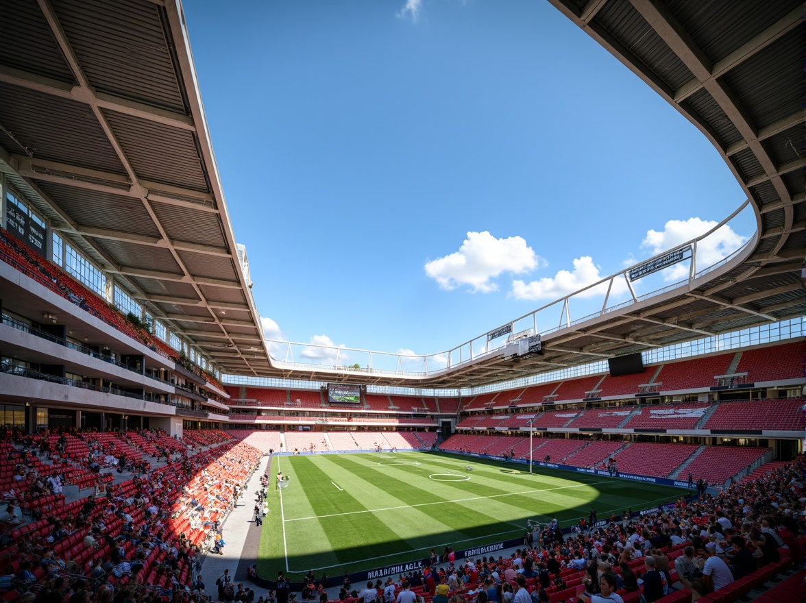 Prompt: Vibrant stadium atmosphere, sleek modern architecture, cantilevered roofs, exposed steel beams, polished concrete floors, retractable seating, dynamic LED lighting, transparent glass facades, angular lines, minimalist design, sustainable energy solutions, solar panels, wind turbines, water conservation systems, green roofs, eco-friendly materials, innovative cooling technologies, shaded outdoor spaces, misting systems, bold color schemes, geometric patterns, textured surfaces, realistic crowd simulations, shallow depth of field, 3/4 composition, panoramic view.