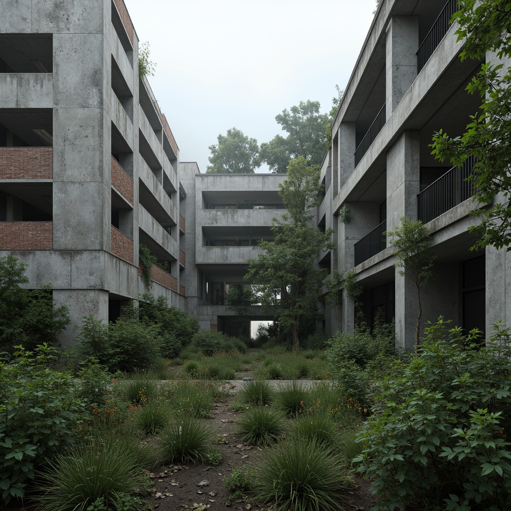 Prompt: Rugged brutalist architecture, raw concrete textures, fortress-like structures, overgrown vegetation, wildflowers, moss-covered walls, industrial landscapes, abandoned factories, crumbling brick facades, distressed metal accents, urban decay, post-apocalyptic atmosphere, dramatic lighting, low-angle shots, cinematic composition, gritty realistic renderings, atmospheric fog effects, misty mornings, eerie silence.