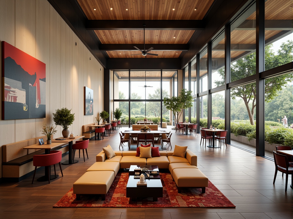 Prompt: Minimalist dining hall, open floor plan, high ceilings, large windows, natural light, sleek wooden floors, modern furniture, geometric patterns, abstract artwork, international style decor, cultural fusion elements, vibrant color accents, ambient lighting, shallow depth of field, 1/1 composition, panoramic view, realistic textures, soft warm glow.