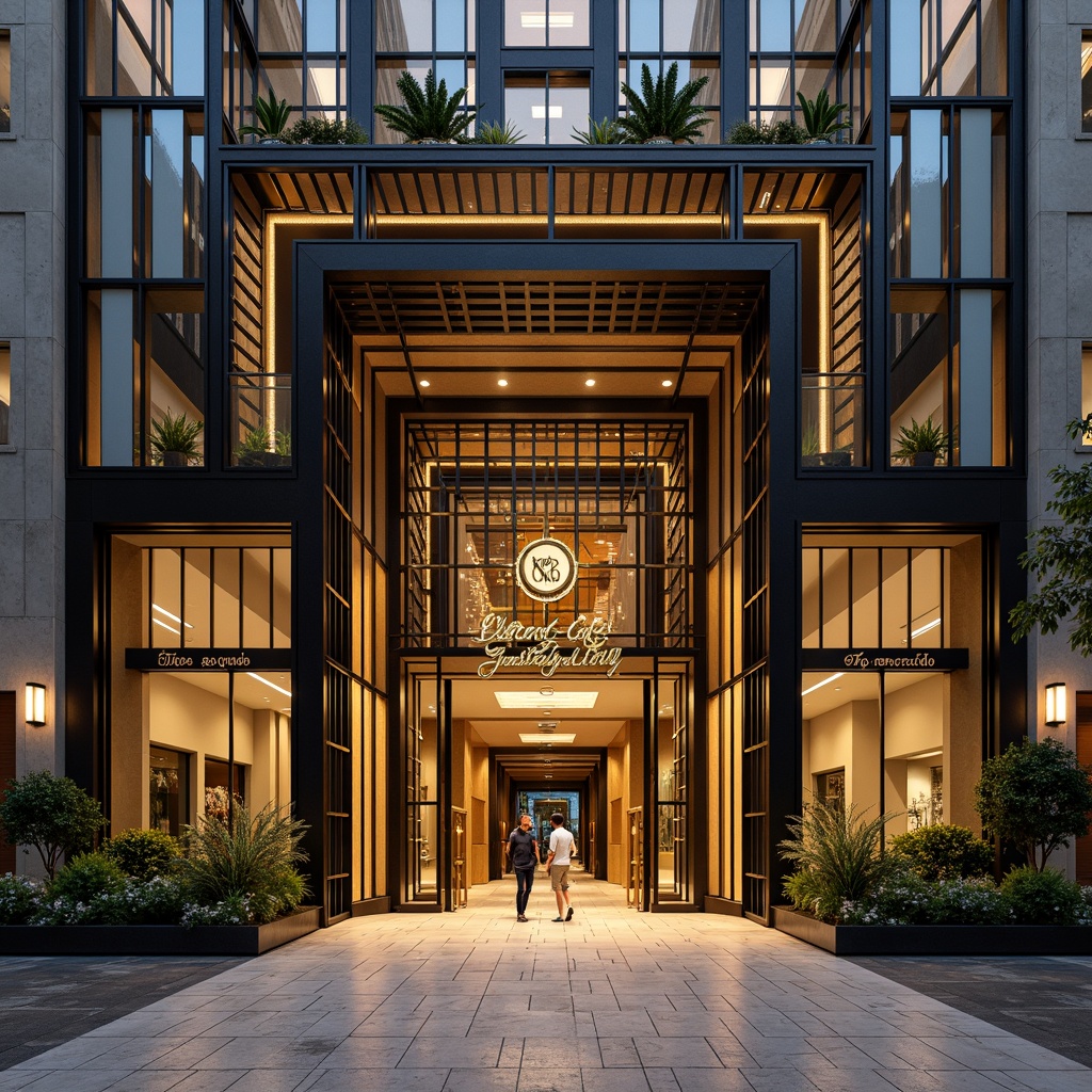 Prompt: Geometric Art Deco office building, ornate metalwork, zigzag patterns, chevron motifs, luxurious materials, polished marble floors, metallic accents, symmetrical facade, stepped silhouette, vertical emphasis, grand entrance, bronze doors, ornate door handles, stylized typography, vintage lighting fixtures, warm golden lighting, shallow depth of field, 1/1 composition, realistic textures, ambient occlusion.