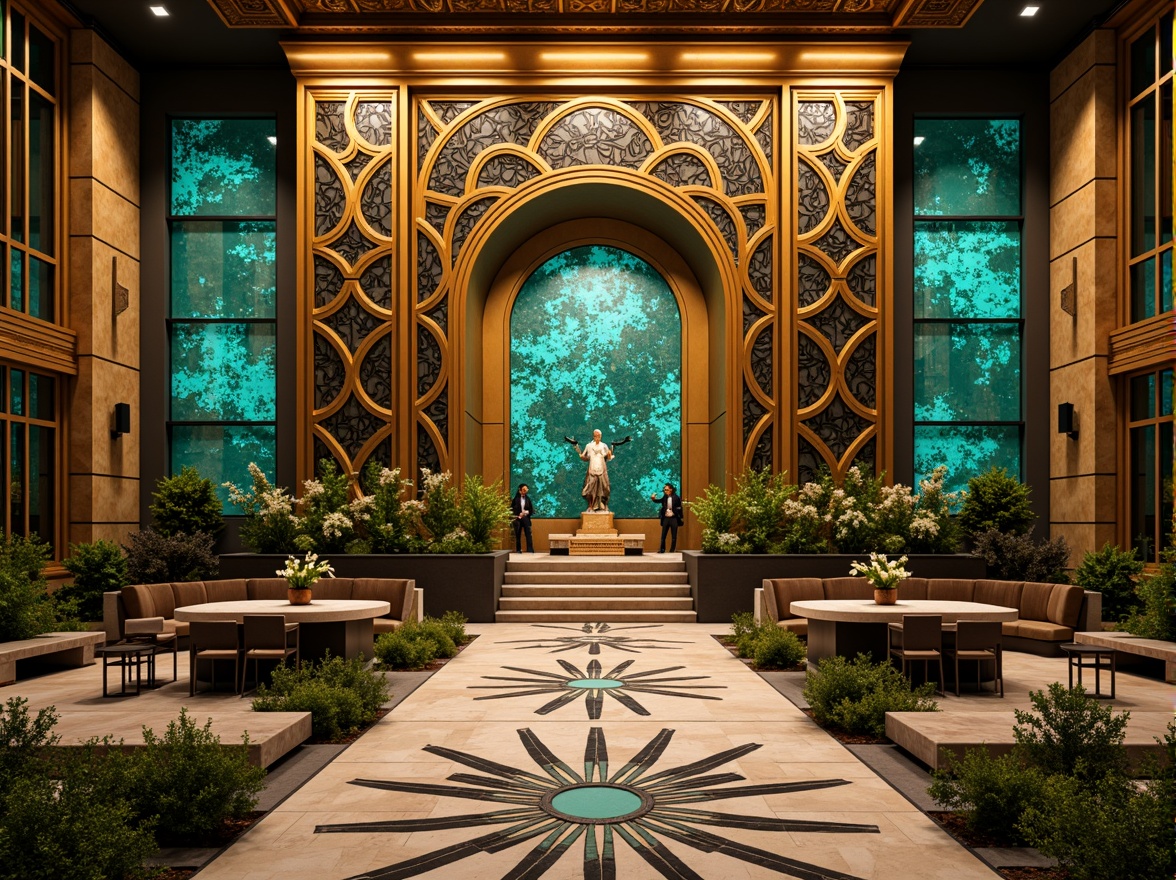 Prompt: Opulent Art Deco monument, lavish golden accents, rich bronze tones, vibrant turquoise mosaics, geometric patterns, ornate metalwork, luxurious marble surfaces, bold black outlines, stylized floral motifs, sunburst designs, zigzag patterns, metallic sheen, warm ambient lighting, shallow depth of field, 1/1 composition, symmetrical framing, high-contrast colors, intricate textures, realistic reflections.