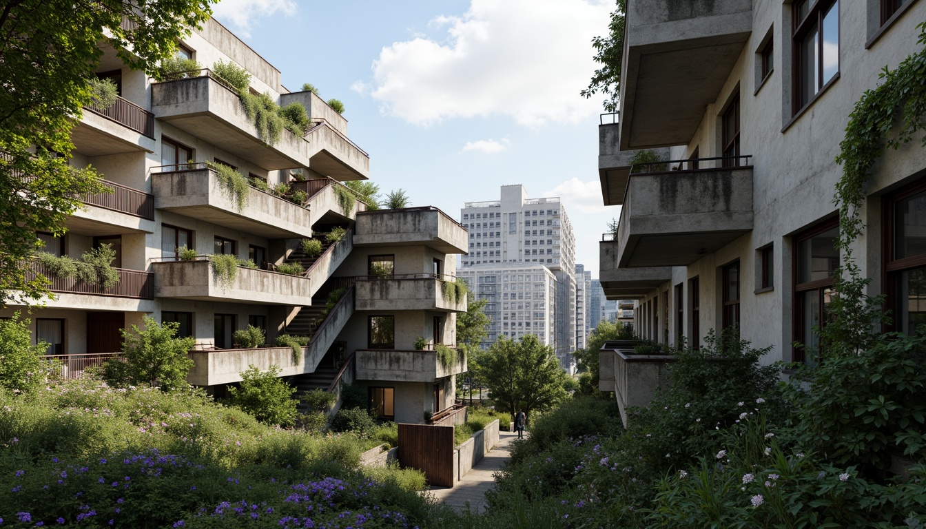 Prompt: Rugged brutalist buildings, raw concrete textures, fortress-like structures, overgrown vegetation, wildflowers, moss-covered walls, weathered steel beams, industrial materials, urban landscape integration, cityscape views, elevated walkways, cantilevered sections, dramatic shadows, harsh natural light, 1/1 composition, symmetrical framing, high-contrast colors, gritty realistic textures, ambient occlusion.