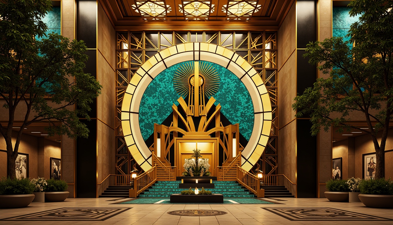 Prompt: Opulent Art Deco monument, lavish golden accents, rich bronze tones, vibrant turquoise mosaics, geometric patterns, ornate metalwork, luxurious marble surfaces, bold black outlines, stylized floral motifs, sunburst designs, zigzag patterns, metallic sheen, warm ambient lighting, shallow depth of field, 1/1 composition, symmetrical framing, high-contrast colors, intricate textures, realistic reflections.