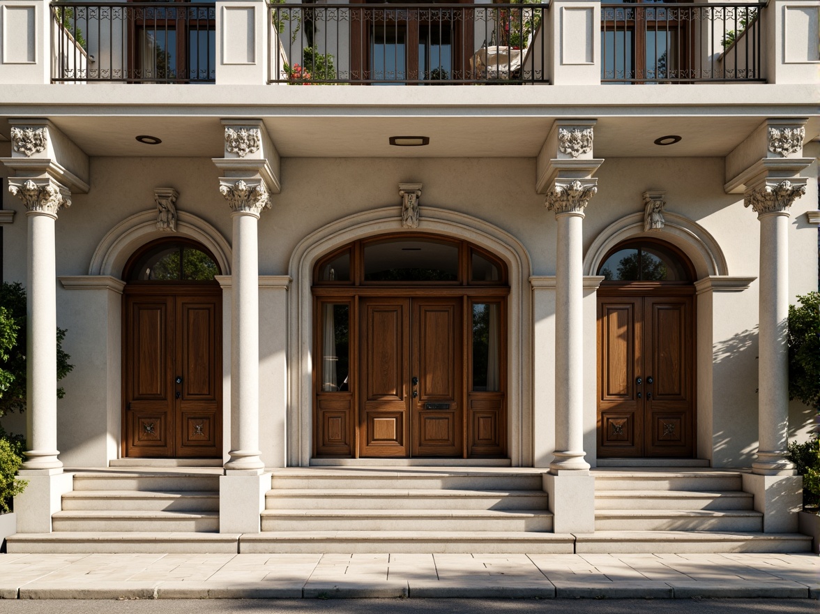 Prompt: Elegant classicism house facade, ornate columns, symmetrical composition, grand entrance, carved wooden doors, decorative pediments, rustic stone walls, arched windows, ornamental balconies, intricate moldings, subtle color palette, soft natural lighting, shallow depth of field, 1/1 composition, realistic textures, ambient occlusion.