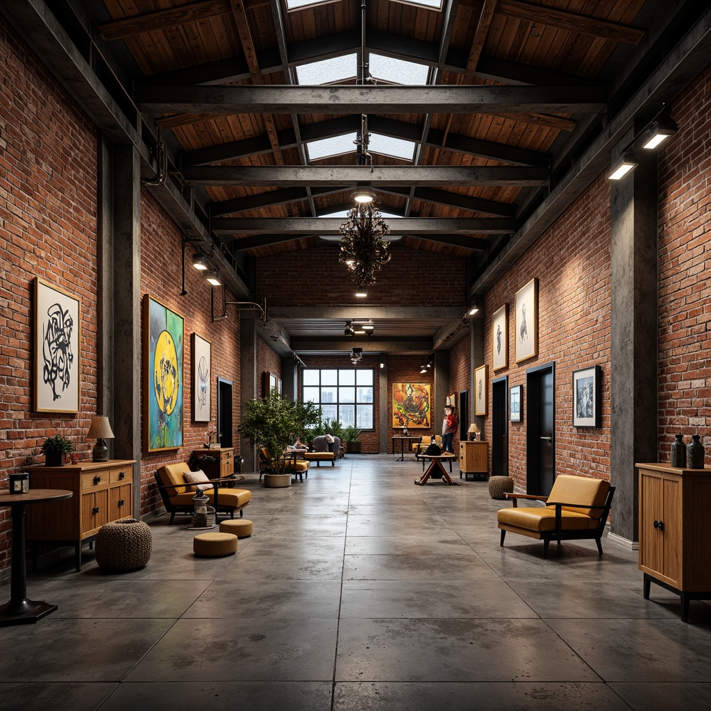 Prompt: Exposed brick walls, metal beams, reclaimed wood accents, industrial-style lighting fixtures, functional machinery, distressed textures, urban cityscape, converted warehouse, modern art installations, abstract sculptures, neon signs, graffiti murals, edgy color palette, high ceilings, open spaces, minimalist decor, functional furniture, steel frames, concrete floors, urban loft atmosphere, dramatic shadows, low-key lighting, 1/1 composition, cinematic mood, gritty realism.