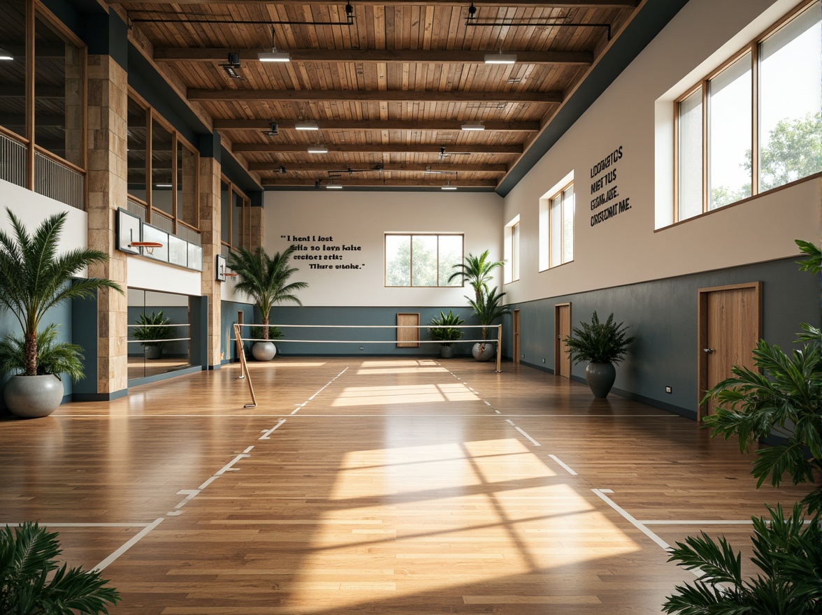 Prompt: Spacious gymnasium interior, high ceilings, natural light pouring in, polished wooden floors, basketball courts, volleyball nets, athletic tracks, exercise equipment, mirrored walls, motivational quotes, modern architectural design, sleek lines, minimalist decor, abundant greenery, tropical plants, warm color scheme, soft diffused lighting, shallow depth of field, 1/1 composition, realistic textures, ambient occlusion.