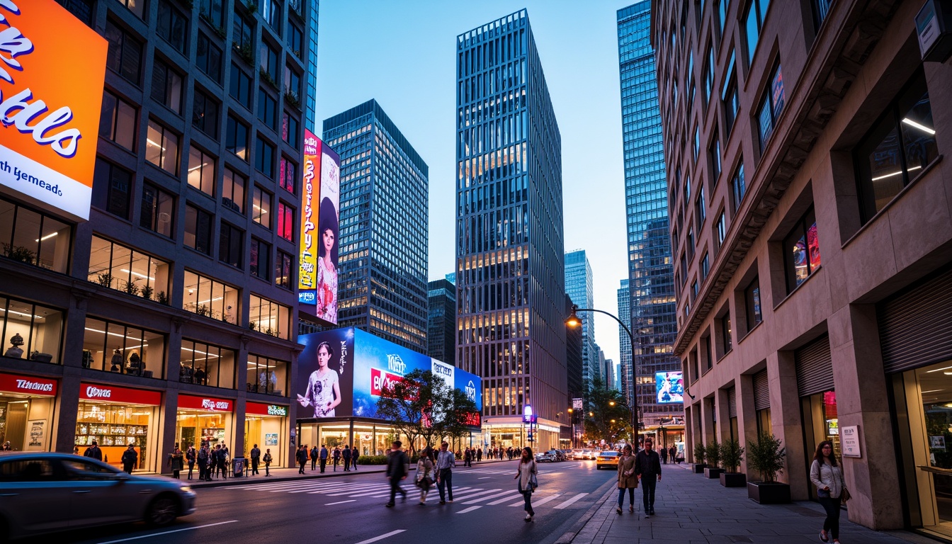 Prompt: Vibrant cityscape, modern skyscrapers, bold color blocking, contrasting hues, neon lights, urban atmosphere, bustling streets, pedestrian walkways, dynamic architecture, geometric patterns, metallic accents, glass facades, reflective surfaces, warm ambient lighting, shallow depth of field, 1/1 composition, realistic textures, ambient occlusion.