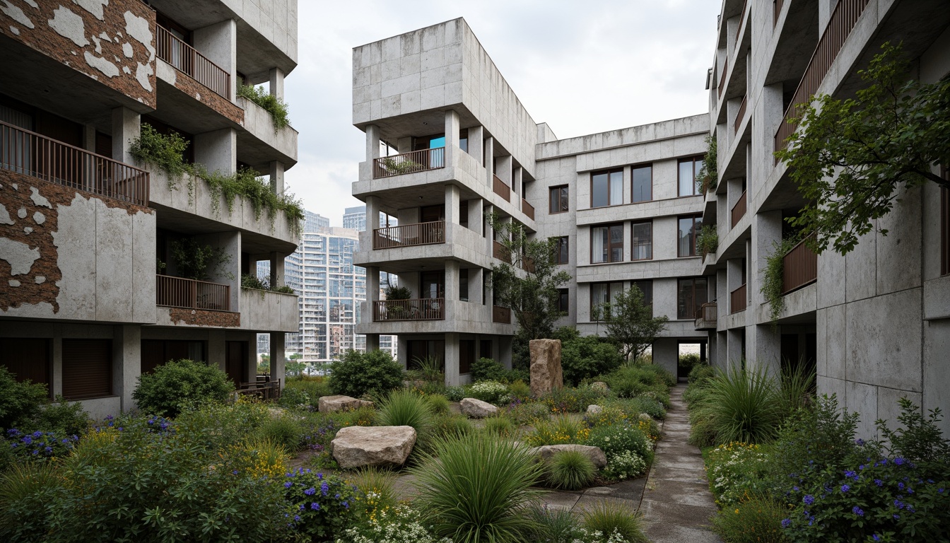 Prompt: Rugged brutalist buildings, raw concrete textures, fortress-like structures, overgrown vegetation, wildflowers, moss-covered walls, weathered steel beams, industrial materials, urban landscape integration, cityscape views, elevated walkways, cantilevered sections, dramatic shadows, harsh natural light, 1/1 composition, symmetrical framing, high-contrast colors, gritty realistic textures, ambient occlusion.