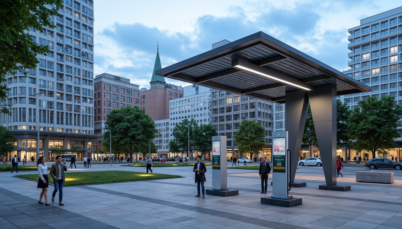 Prompt: Modern charging station, sleek metal framework, durable polycarbonate roofs, energy-efficient LED lighting, futuristic digital displays, minimalist concrete floors, stainless steel pillars, eco-friendly recycled plastic walls, vibrant green accents, urban cityscape background, busy street traffic, cloudy blue sky, shallow depth of field, 1/1 composition, realistic metallic textures, ambient occlusion.