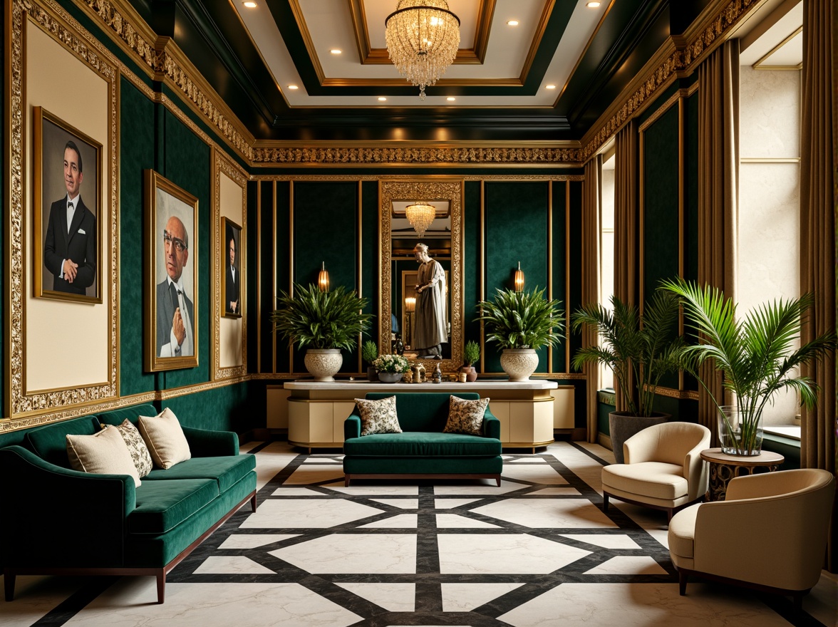 Prompt: Luxurious Art Deco interior, opulent gold accents, rich jewel-toned walls, lavish velvet fabrics, ornate metalwork, geometric patterns, bold black outlines, creamy whites, deep blues, emerald greens, warm beige backgrounds, metallic sheens, high-contrast lighting, dramatic shadows, 1920s-inspired glamour, sophisticated elegance, refined luxury, vintage flair, ornamental details, intricate textures, lavish ornamentation.