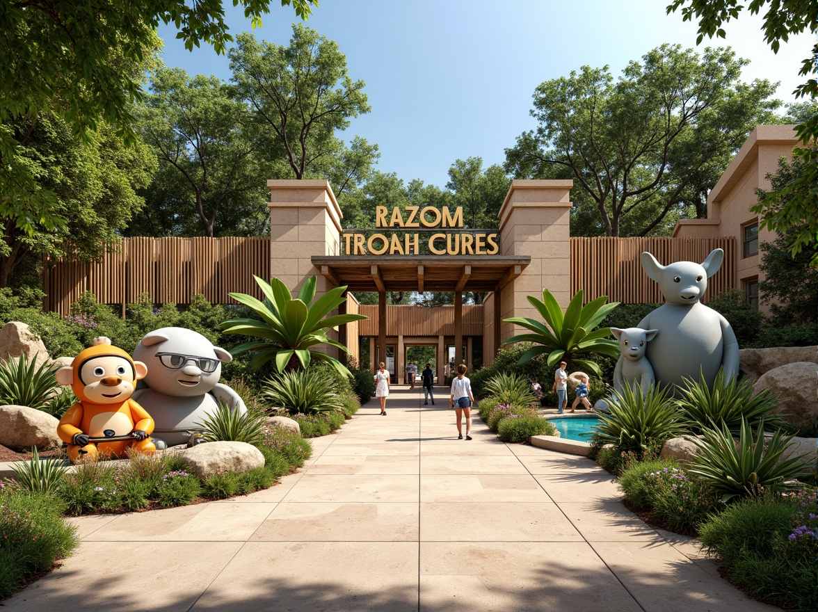 Prompt: Vibrant zoo entrance, playful animal sculptures, lush greenery, exotic flowers, natural stone walls, wooden fencing, rustic gates, earthy tones, sandy pathways, sunny day, warm soft lighting, shallow depth of field, 3/4 composition, panoramic view, realistic textures, ambient occlusion, bold color accents, bright coral reefs, turquoise pools, creamy white marble, weathered wood, distressed metal, whimsical signage, educational exhibits, interactive displays.