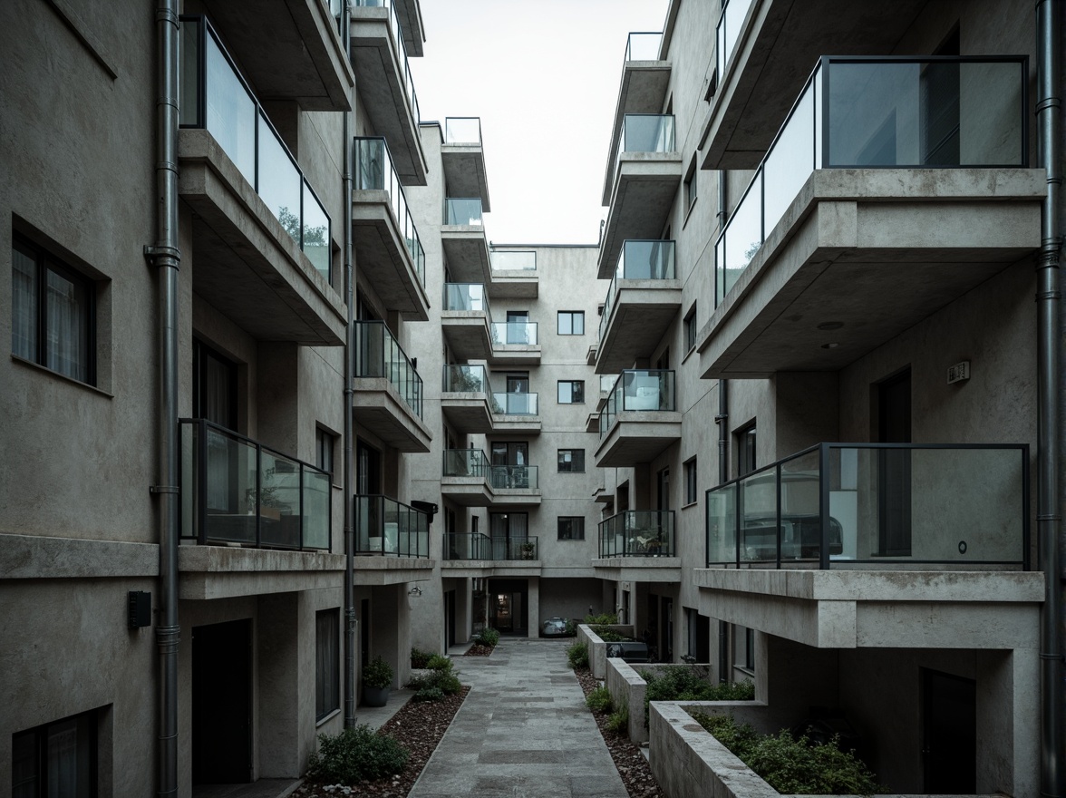 Prompt: Exposed concrete walls, rugged textures, industrial pipes, raw steel beams, minimalist balconies, brutalist architecture, urban cityscape, gloomy overcast sky, dramatic shadows, high-contrast lighting, bold geometric forms, functional simplicity, distressed finishes, poured-in-place concrete, cold monochromatic color palette, 1/1 composition, low-angle shot, cinematic atmosphere, gritty realistic textures.