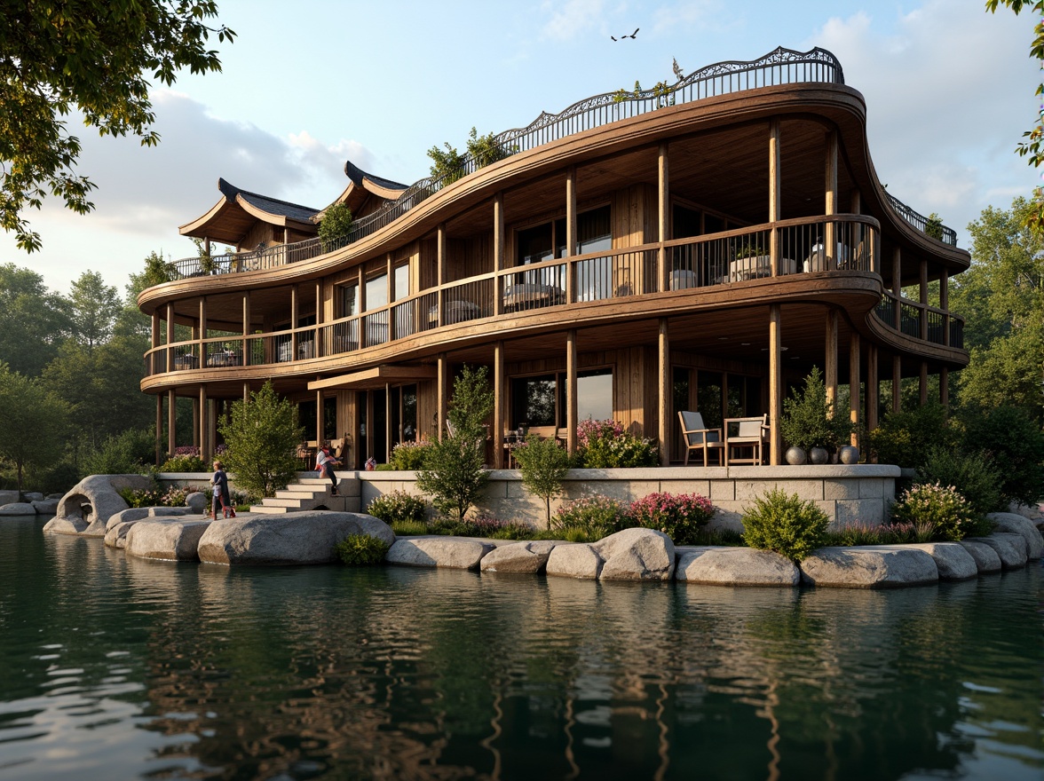 Prompt: Rustic boathouse, Renaissance-inspired facade, ornate wooden decorations, curved lines, grandiose entrance, stone foundation, water reflections, serene lake surroundings, lush greenery, vibrant flowers, soft warm lighting, shallow depth of field, 3/4 composition, panoramic view, realistic textures, ambient occlusion, distressed wood accents, vintage nautical elements, elegant balconies, ornate metal railings, classic lanterns, subtle color palette, earthy tones.