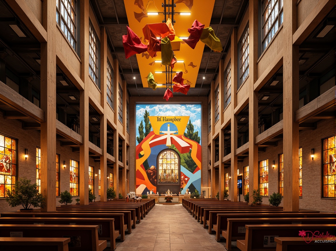 Prompt: Vibrant constructivist church, geometric shapes, bold lines, abstract forms, dynamic volumes, rich textures, industrial materials, exposed brick, metal beams, stained glass windows, intricate mosaics, warm golden lighting, dramatic shadows, atmospheric ambiance, 1/1 composition, symmetrical framing, high contrast colors, bold typography, sacred symbols, ornate details, luxurious fabrics, spiritual atmosphere, peaceful ambiance.