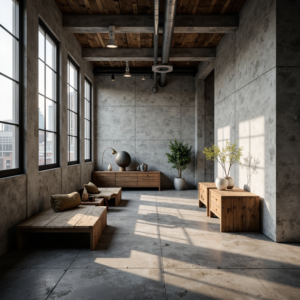 Prompt: Exposed concrete walls, rugged stone floors, industrial metal beams, raw wooden accents, minimalist decor, brutalist architectural style, urban loft atmosphere, high ceilings, large windows, natural light, cityscape views, functional simplicity, monochromatic color scheme, distressed textures, rough-hewn wood furniture, steel lighting fixtures, industrial-style pipes, concrete columns, brutalist-inspired sculptures, abstract artwork, moody ambient lighting, shallow depth of field, 2/3 composition, cinematic framing.