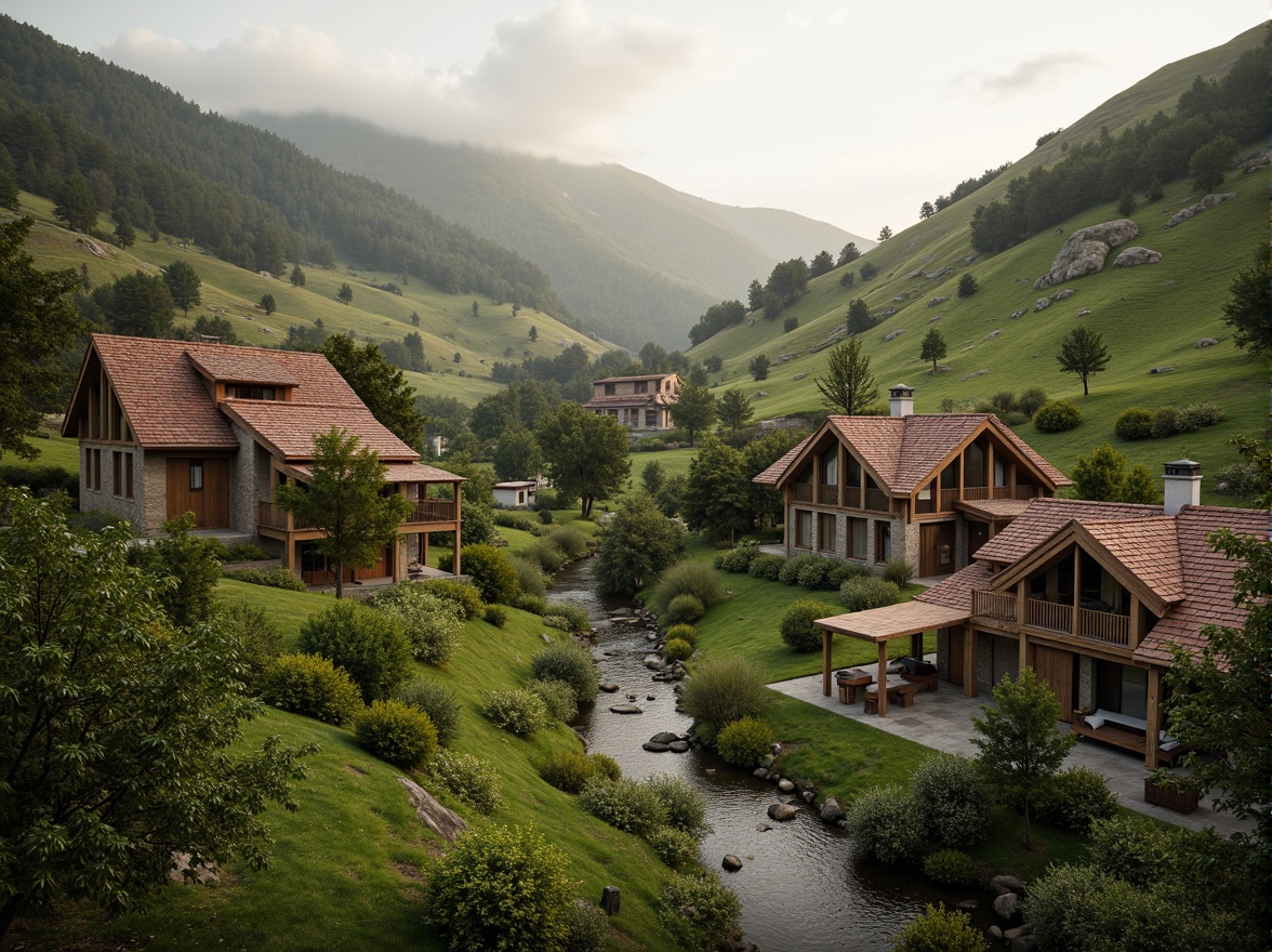 Prompt: Rustic village, rolling hills, lush greenery, meandering streams, traditional vernacular architecture, earthy tones, natural stone walls, wooden accents, curved lines, organic forms, blending with surroundings, seamless integration, harmonious coexistence, soft warm lighting, misty atmosphere, shallow depth of field, 1/1 composition, realistic textures, ambient occlusion.