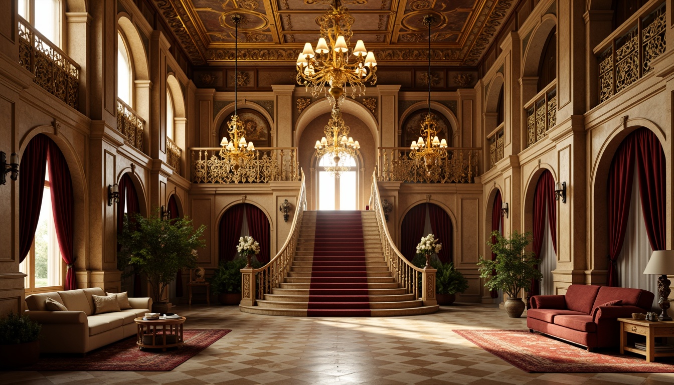 Prompt: Grandiose palace, ornate facades, intricately carved stone decorations, gilded accents, sweeping arches, grand staircases, opulent chandeliers, lavish furnishings, rich velvet drapes, majestic columns, ornamental frescoes, dramatic lighting effects, warm golden tones, highly detailed textures, shallow depth of field, 1/2 composition, symmetrical framing, realistic ambient occlusion.