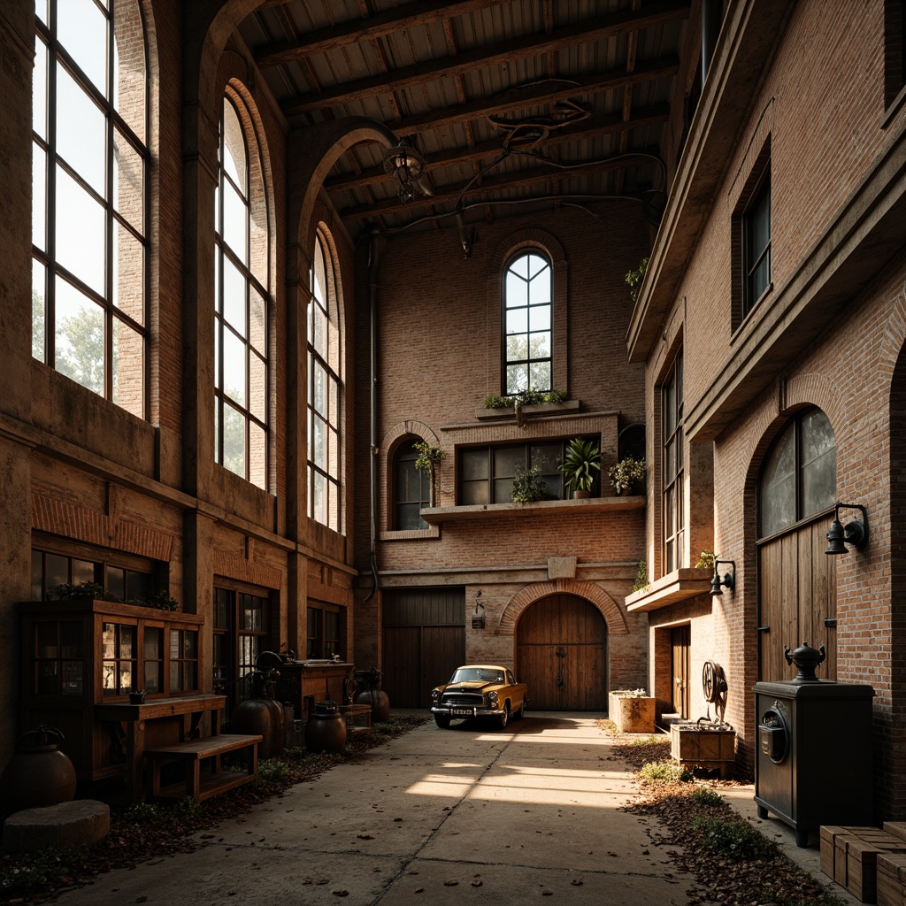 Prompt: Rustic industrial factory, Romanesque fa\u00e7ade, arched windows, ornate stone carvings, distressed brick walls, metal cladding, corrugated roofing, vintage machinery, exposed ductwork, reclaimed wood accents, earthy color palette, warm golden lighting, dramatic shadows, 1/2 composition, low-angle shot, cinematic atmosphere, realistic weathering effects.