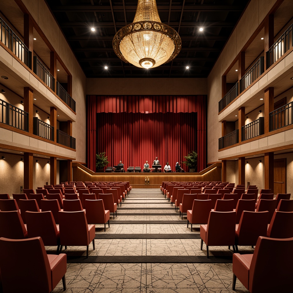 Prompt: Curved auditorium seating, wooden acoustic panels, minimalist stage design, sleek metal railings, grand chandelier lighting, plush red velvet curtains, ornate golden details, high ceilings, open floor plans, natural stone flooring, geometric patterned carpets, modernist architectural elements, dramatic spotlights, warm ambient glow, shallow depth of field, 1/1 composition, symmetrical framing, realistic textures, subtle color grading.