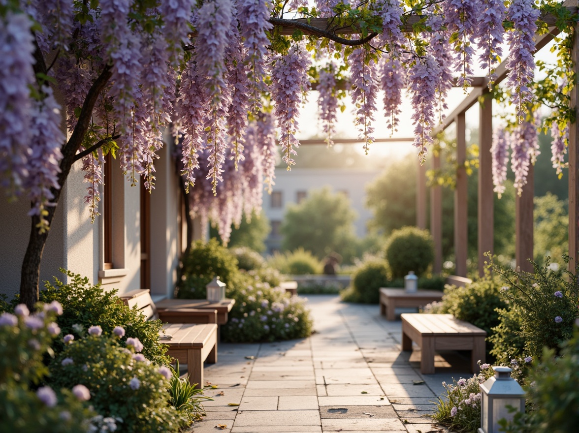 Prompt: Soft wisteria flowers, delicate purple hues, pastel lavender shades, creamy whites, warm beige tones, gentle peach accents, lush green foliage, natural wood textures, vintage garden benches, whimsical metal lanterns, dreamy afternoon sunlight, soft focus, shallow depth of field, 1/2 composition, romantic atmosphere, realistic renderings, subtle ambient occlusion.