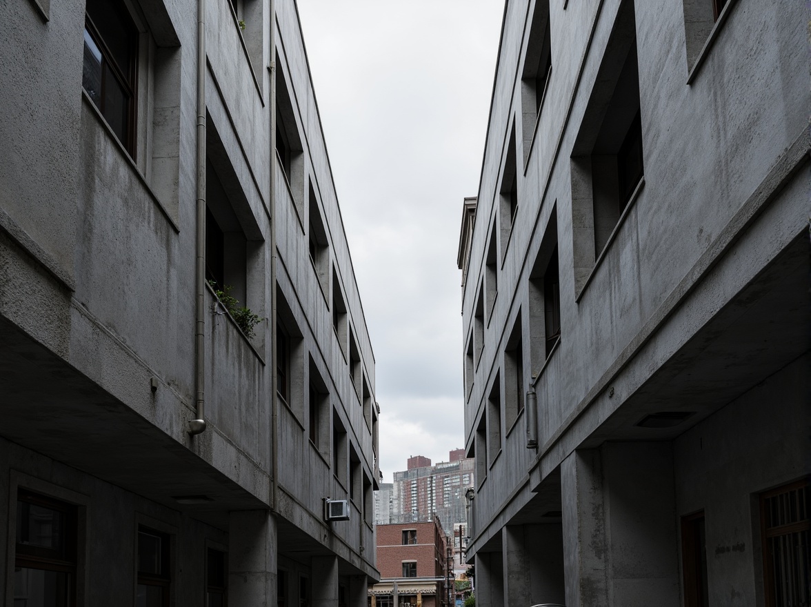 Prompt: Exposed concrete walls, rugged textures, industrial pipes, raw steel beams, minimalist balconies, brutalist architecture, urban cityscape, gloomy overcast sky, dramatic shadows, high-contrast lighting, bold geometric forms, functional simplicity, distressed finishes, poured-in-place concrete, cold monochromatic color palette, 1/1 composition, low-angle shot, cinematic atmosphere, gritty realistic textures.