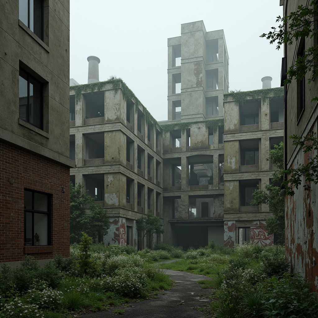 Prompt: Rugged brutalist architecture, raw concrete textures, fortress-like structures, overgrown vegetation, wildflowers, moss-covered walls, industrial landscapes, abandoned factories, crumbling brick facades, distressed metal accents, urban decay, post-apocalyptic atmosphere, dramatic lighting, low-angle shots, cinematic composition, gritty realistic renderings, atmospheric fog effects, misty mornings, eerie silence.