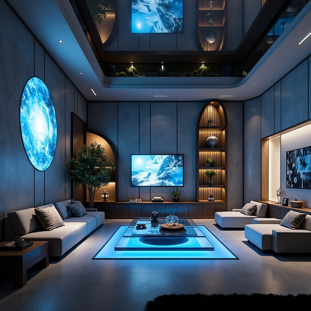 Prompt: Futuristic living room, sleek metallic walls, minimalist decor, curved lines, holographic displays, ambient lighting, smart home systems, automated furniture, hidden storage compartments, levitating shelves, transparent glass tables, neon-lit floors, virtual reality zones, 3D-printed decorative elements, high-tech gadgets, futuristic sculptures, abstract artwork, soft glowing accents, shallow depth of field, 1/1 composition, panoramic view, realistic textures, ambient occlusion.