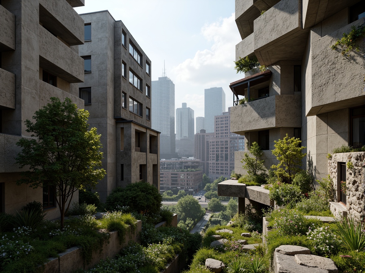 Prompt: Rugged brutalist buildings, raw concrete textures, fortress-like structures, overgrown vegetation, wildflowers, moss-covered walls, weathered steel beams, industrial materials, urban landscape integration, cityscape views, elevated walkways, cantilevered sections, dramatic shadows, harsh natural light, 1/1 composition, symmetrical framing, high-contrast lighting, gritty realistic textures, ambient occlusion.