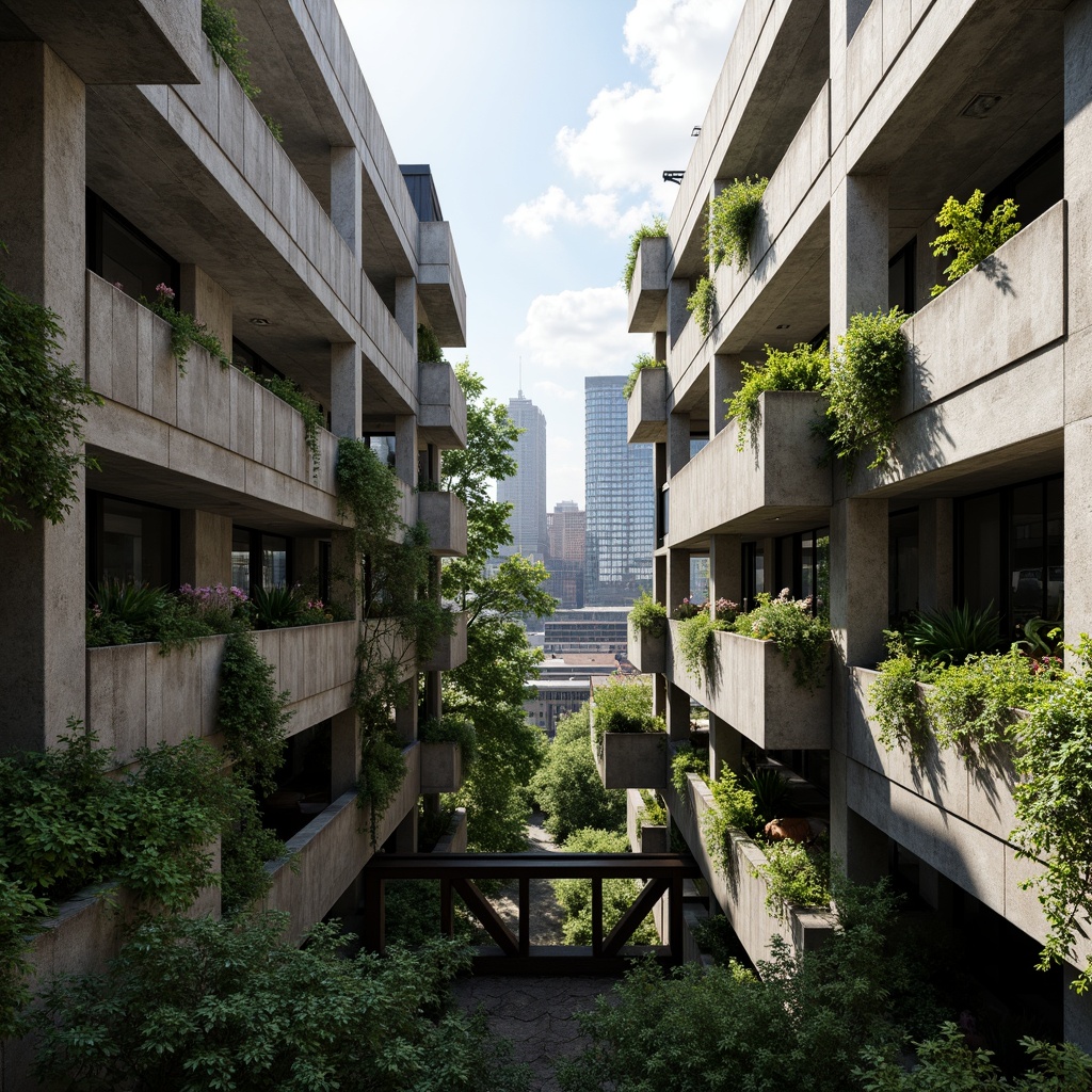 Prompt: Rugged brutalist buildings, raw concrete textures, fortress-like structures, overgrown vegetation, wildflowers, moss-covered walls, weathered steel beams, industrial materials, urban landscape integration, cityscape views, elevated walkways, cantilevered sections, dramatic shadows, harsh natural light, 1/1 composition, symmetrical framing, high-contrast lighting, gritty realistic textures, ambient occlusion.