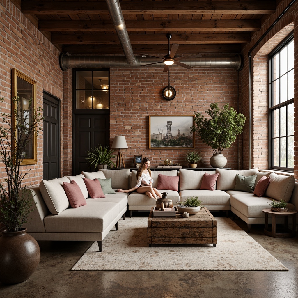 Prompt: Warm industrial loft, exposed brick walls, wooden beams, metal accents, soft warm lighting, cozy atmosphere, rich textiles, plush furnishings, vintage decorative items, distressed finishes, earthy tone color scheme, muted pastels, blush pinks, mauve, sage greens, creamy whites, warm beiges, rustic wood tones, natural stone floors, industrial chic decor, romantic ambiance, intimate setting, soft focus, shallow depth of field, 1/1 composition, realistic textures, ambient occlusion.