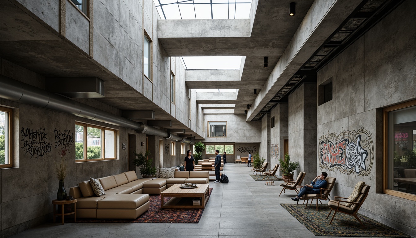 Prompt: Rugged community center, brutalist architecture, raw concrete walls, exposed ductwork, industrial metal beams, natural light pouring in, large skylights, clerestory windows, urban landscape views, gritty cityscape, overcast sky, soft diffused lighting, high contrast shadows, dramatic architectural forms, bold geometric shapes, functional minimalism, communal gathering spaces, reclaimed wood accents, weathered steel features, abstract graffiti art, moody atmospheric tones, cinematic composition, realistic textures, ambient occlusion.