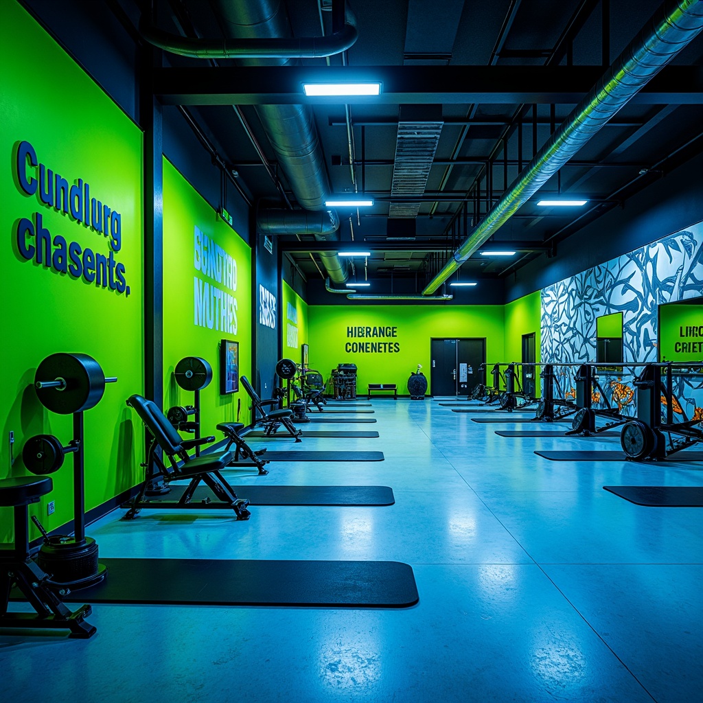 Prompt: Vibrant gym interior, bold color scheme, energetic atmosphere, neon green accents, deep blue tones, metallic silver equipment, industrial concrete floors, exposed ductwork ceilings, modern LED lighting, motivational quotes, athletic tracks, dynamic shapes, abstract patterns, high-contrast textures, dramatic shadows, 1/2 composition, low-angle shot, cinematic mood, realistic reflections.