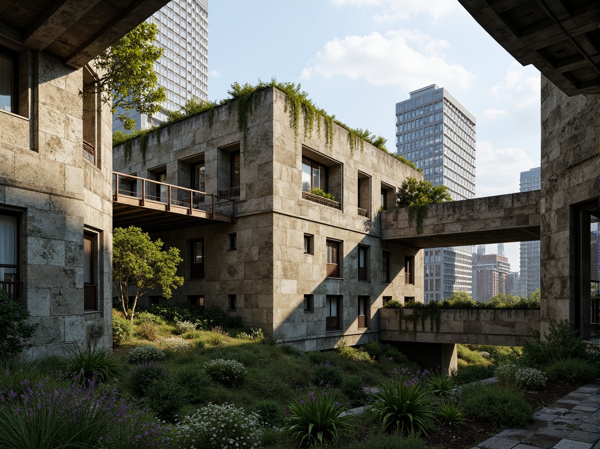 Prompt: Rugged brutalist buildings, raw concrete textures, fortress-like structures, overgrown vegetation, wildflowers, moss-covered walls, weathered steel beams, industrial materials, urban landscape integration, cityscape views, elevated walkways, cantilevered sections, dramatic shadows, harsh natural light, 1/1 composition, symmetrical framing, high-contrast colors, gritty realistic textures, ambient occlusion.