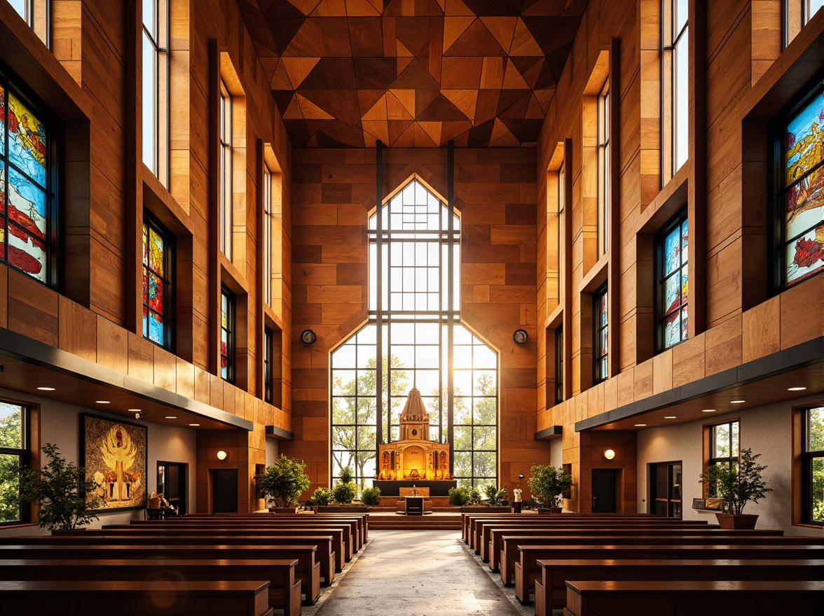 Prompt: Vibrant constructivist church, geometric shapes, bold lines, abstract forms, dynamic volumes, fragmented fa\u00e7ade, stained glass windows, intricate mosaics, rich textures, warm golden lighting, dramatic shadows, industrial materials, exposed brick walls, metallic accents, minimalist decor, sacred symbols, ornate details, spiritual ambiance, atmospheric misting, soft natural light, 1/1 composition, symmetrical framing, high contrast colors, bold typography, abstract patterns.