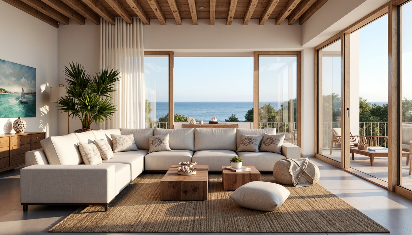 Prompt: Coastal living room, ocean-inspired color palette, driftwood accents, natural textiles, woven sea grass rugs, shell-adorned decorative pieces, floor-to-ceiling windows, sliding glass doors, beachy vibe, soft warm lighting, 1/1 composition, shallow depth of field, realistic wood textures, ambient occlusion, modern minimalist furniture, plush sectional sofas, reclaimed wood coffee tables, nautical-themed artwork, coral-patterned throw pillows, sea salt-scented candles, calming atmosphere.