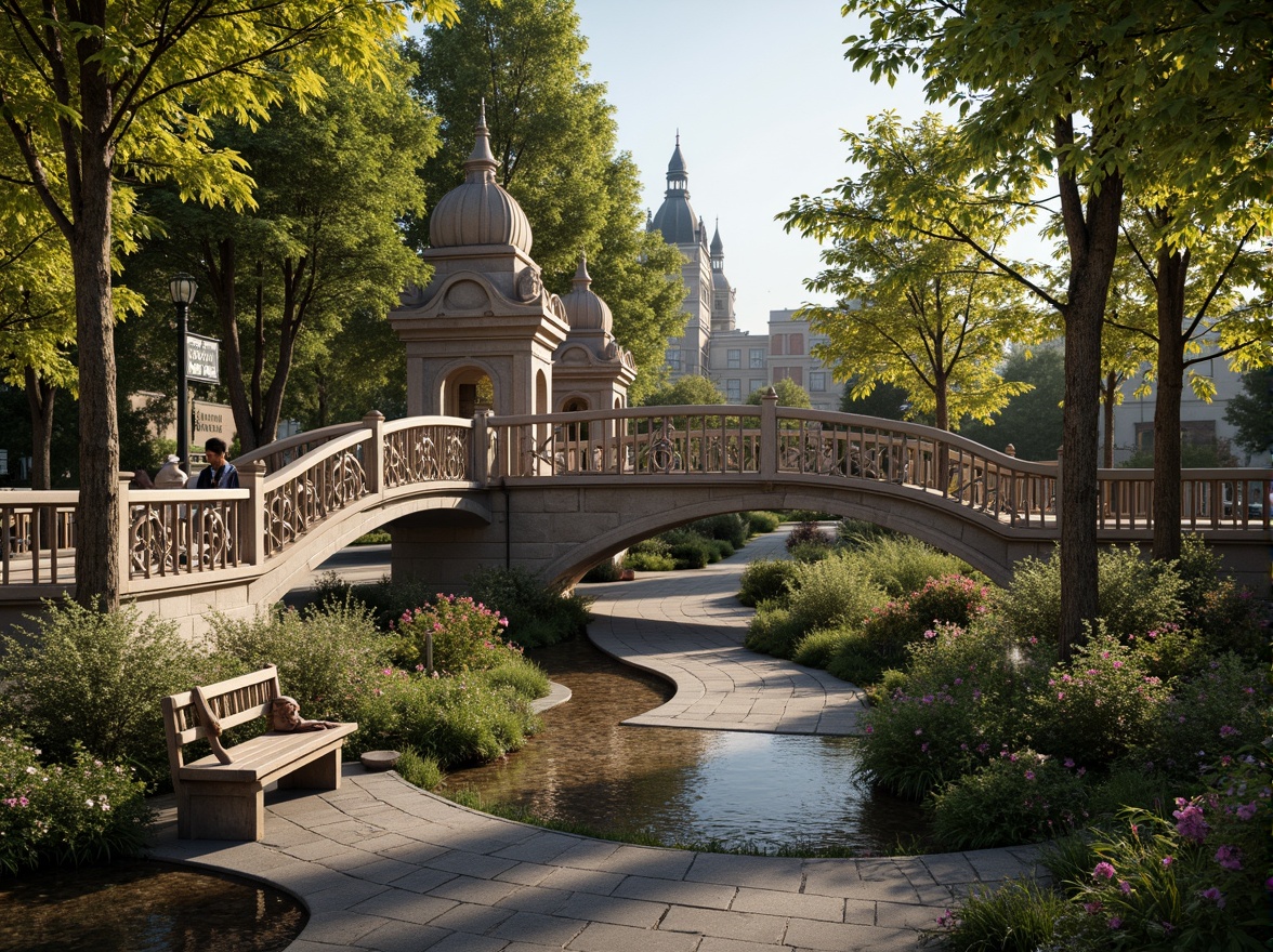 Prompt: Ornate Baroque pedestrian bridge, intricately carved stone balustrades, lush greenery, vibrant flowers, majestic trees, serene water features, gentle streams, rustic wooden benches, natural stone pathways, decorative lampposts, soft warm lighting, shallow depth of field, 3/4 composition, panoramic view, realistic textures, ambient occlusion, romantic atmosphere, whimsical details, elegant curves, ornamental metalwork, grandiose architecture, historic charm.