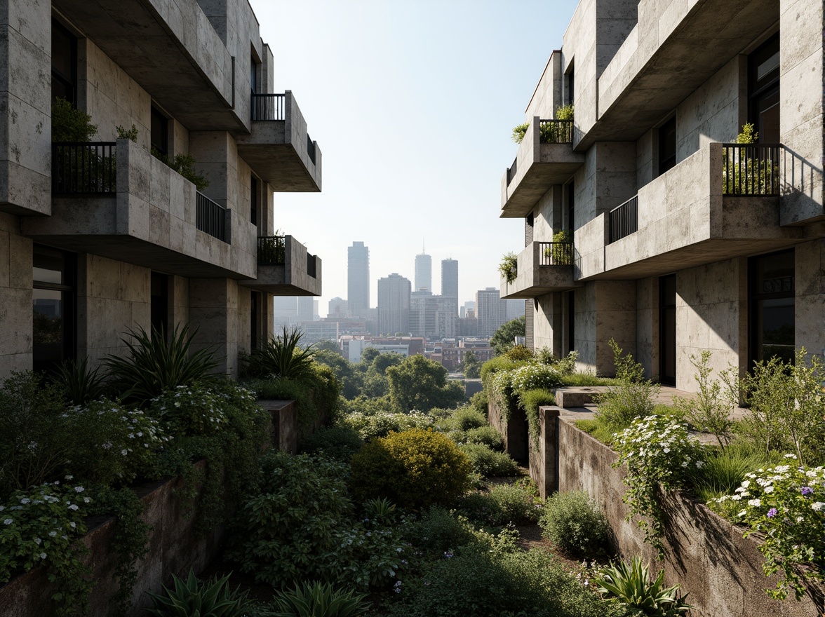 Prompt: Rugged brutalist buildings, raw concrete textures, fortress-like structures, overgrown vegetation, wildflowers, moss-covered walls, weathered steel beams, industrial materials, urban landscape integration, cityscape views, elevated walkways, cantilevered sections, dramatic shadows, harsh natural light, 1/1 composition, symmetrical framing, high-contrast lighting, gritty realistic textures, ambient occlusion.