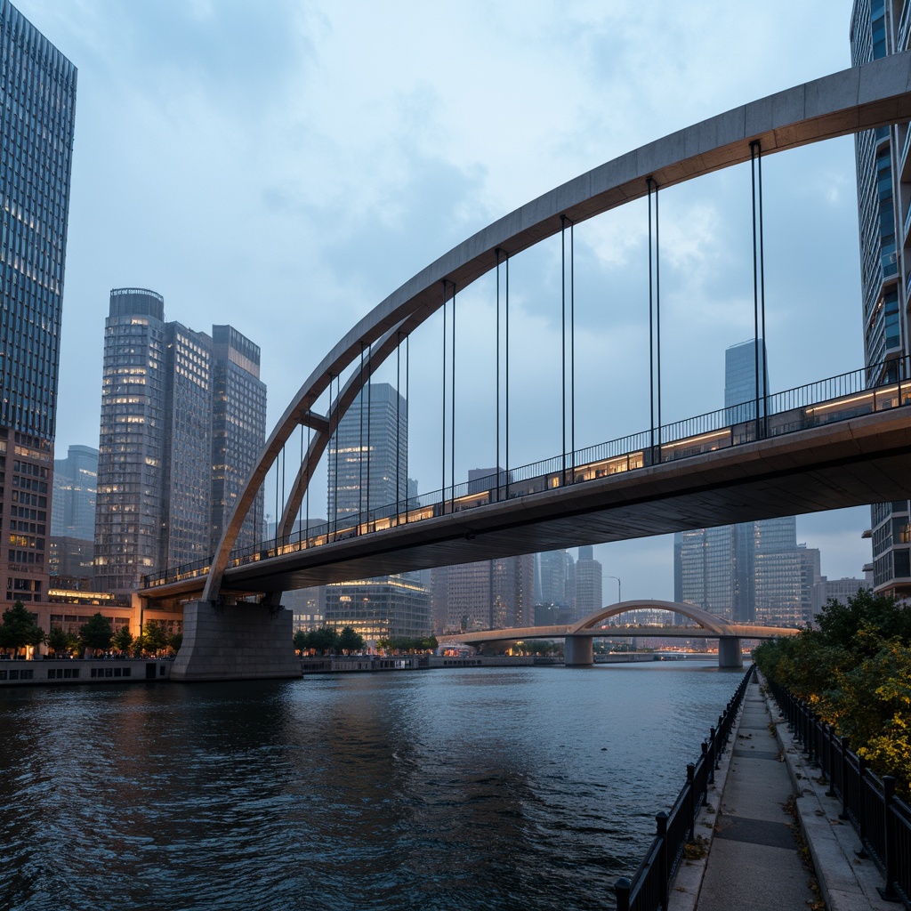 Prompt: Futuristic bridge, sleek metal arches, suspension cables, modern fusion architecture, dynamic curves, angular lines, vibrant LED lighting, urban cityscape, misty morning atmosphere, shallow depth of field, 1/2 composition, realistic reflections, ambient occlusion, intricate structural details, steel beams, reinforced concrete pillars, cantilevered sections, pedestrian walkways, vehicle traffic lanes, water flow simulations, rippling water effects, surrounding skyscrapers, bustling city life.