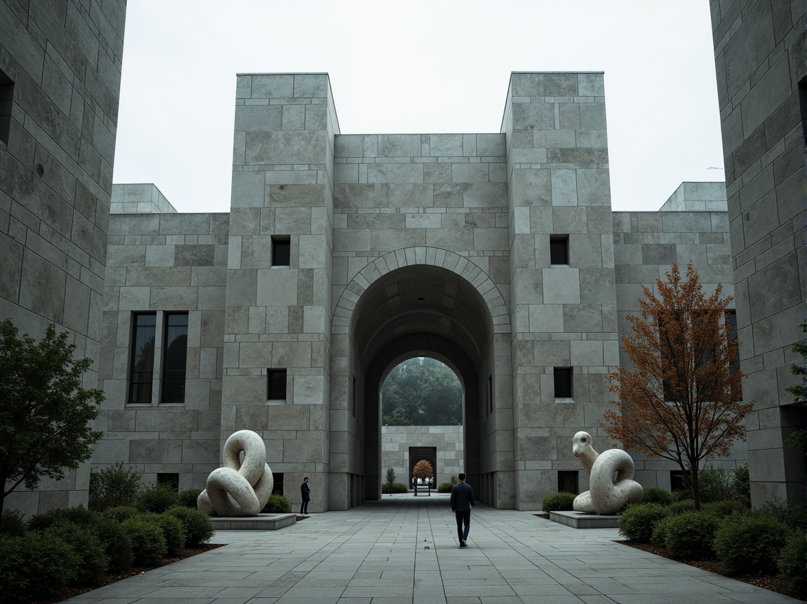 Prompt: Monumental brutalist architecture, rugged concrete textures, fortress-like structures, solemn atmosphere, memorial gardens, abstract sculptures, geometric patterns, bold typography, commemorative plaques, historic significance, overcast skies, dramatic shadows, low-angle photography, cinematic lighting, 1/1 composition, stark contrast, muted color palette, weathered stone walls, imposing scale, introspective ambiance.