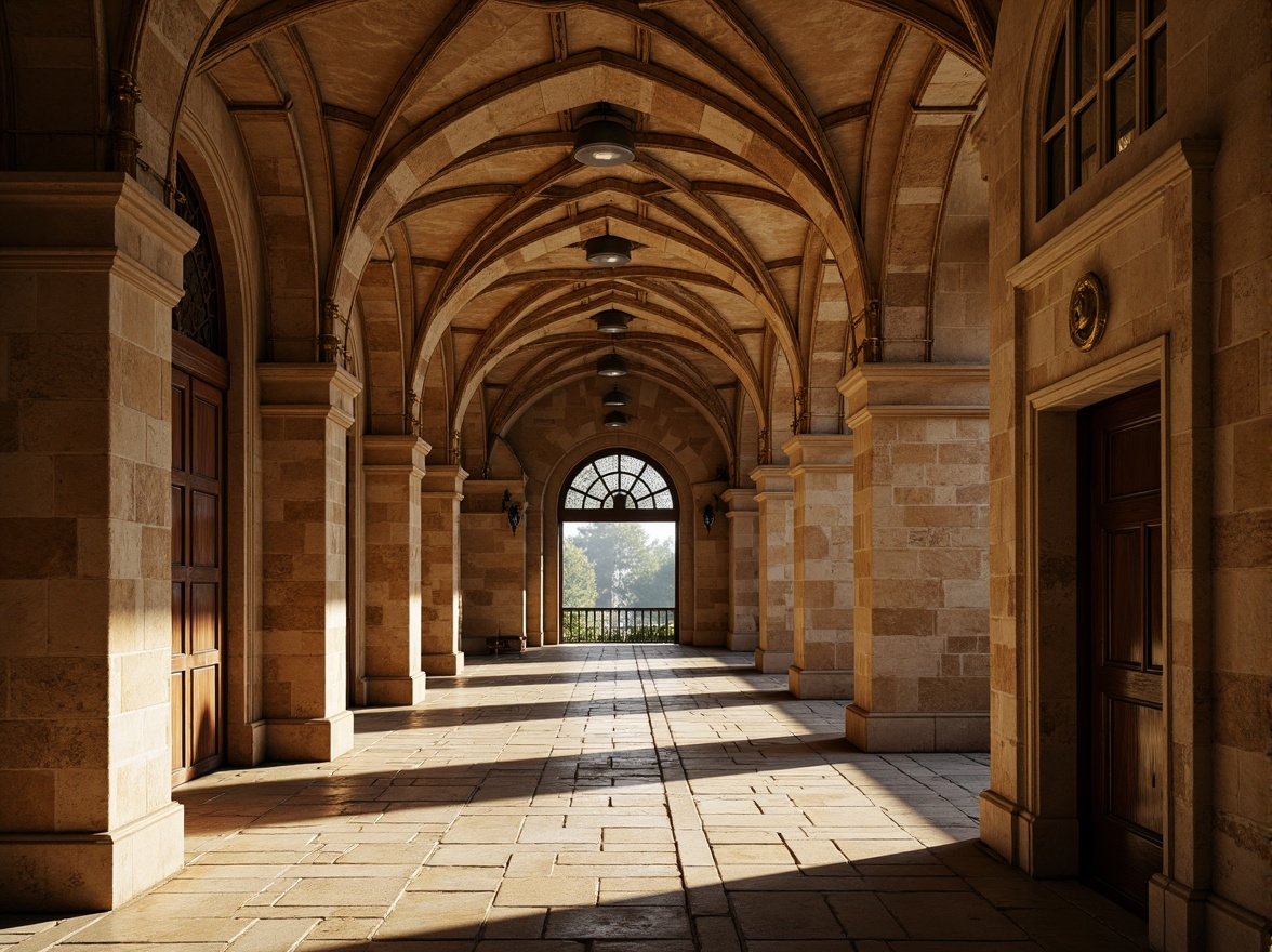 Prompt: Rustic archways, ancient stone walls, ornate carvings, grand entrance gates, imposing columns, rounded arches, ribbed vaults, groin vaults, barrel vaults, decorative capitals, intricate moldings, weathered stonework, earthy tones, warm golden lighting, soft shadows, atmospheric perspective, 1/2 composition, symmetrical framing, realistic textures, ambient occlusion.