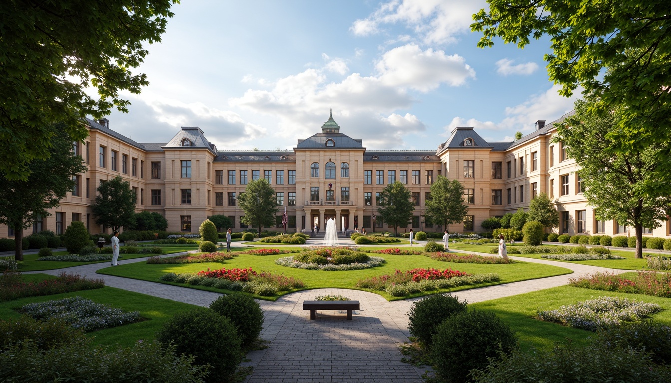 Prompt: Majestic high school building, Baroque architecture, ornate facades, grand entrance gates, lush green lawns, vibrant flower beds, trimmed hedges, meandering walkways, natural stone pathways, decorative fountains, statues, benches, shaded trees, sunny afternoon, soft warm lighting, shallow depth of field, 3/4 composition, panoramic view, realistic textures, ambient occlusion.