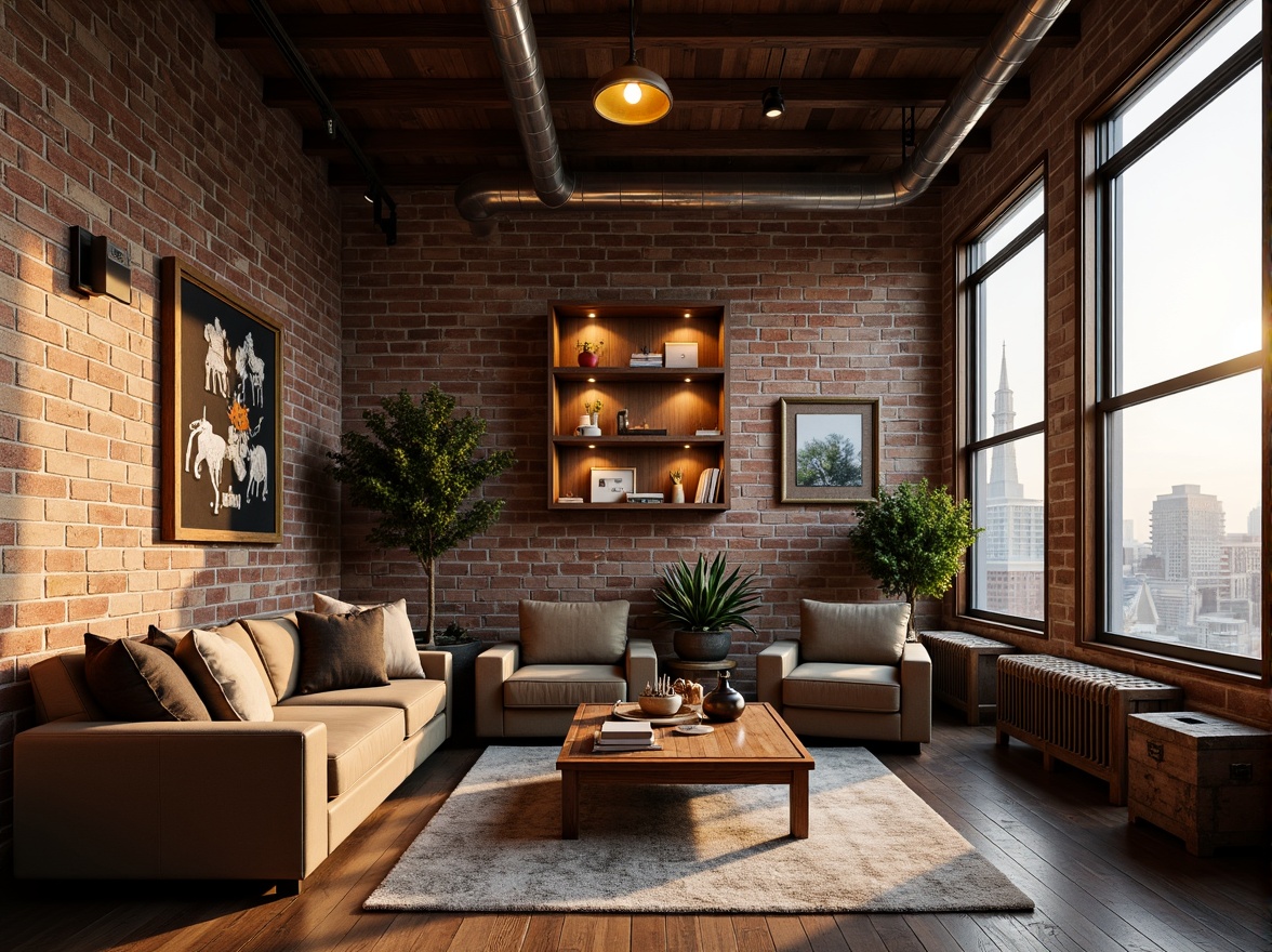 Prompt: Exposed brick walls, wooden beam ceilings, industrial metal pipes, reclaimed wood floors, vintage decorative items, soft warm lighting, cozy reading nooks, plush velvet sofas, distressed leather armchairs, eclectic art collections, floor-to-ceiling windows, cityscape views, minimalist decor, rustic-chic accents, natural textiles, earthy color palette, intimate ambiance, 1/1 composition, shallow depth of field, warm golden hour lighting, soft focus effect.