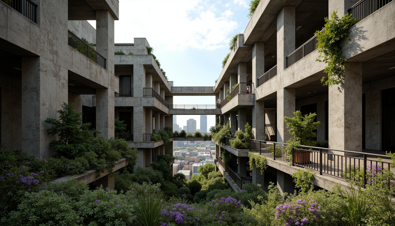 Prompt: Rugged brutalist buildings, raw concrete textures, fortress-like structures, overgrown vegetation, wildflowers, moss-covered walls, weathered steel beams, industrial materials, urban landscape integration, cityscape views, elevated walkways, cantilevered sections, dramatic shadows, harsh natural light, 1/1 composition, symmetrical framing, high-contrast lighting, gritty realistic textures, ambient occlusion.