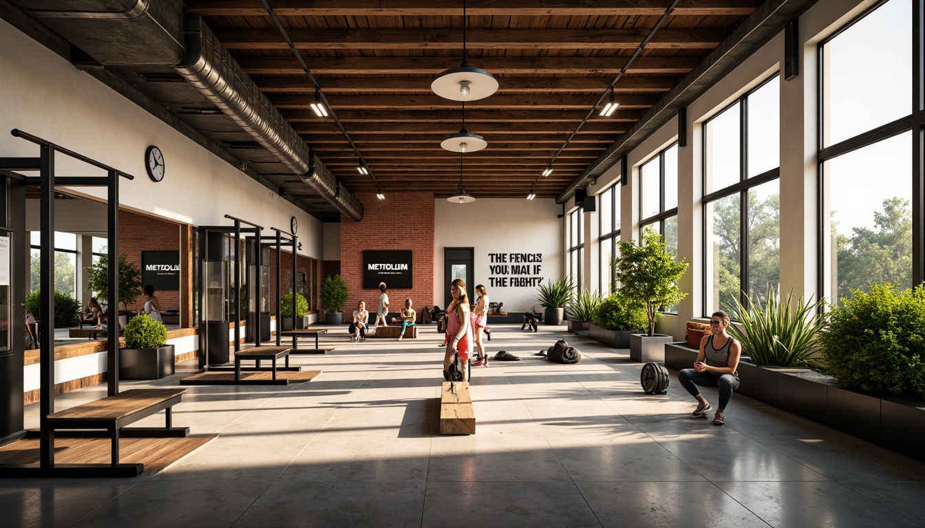 Prompt: Vibrant metabolism-inspired gymnasium, natural light pouring in, industrial-style metal beams, reclaimed wood accents, exposed brick walls, modern fitness equipment, free weights, exercise machines, mirrored walls, motivational quotes, greenery-filled planters, minimalist decor, high ceilings, large windows, soft warm lighting, shallow depth of field, 3/4 composition, panoramic view, realistic textures, ambient occlusion.