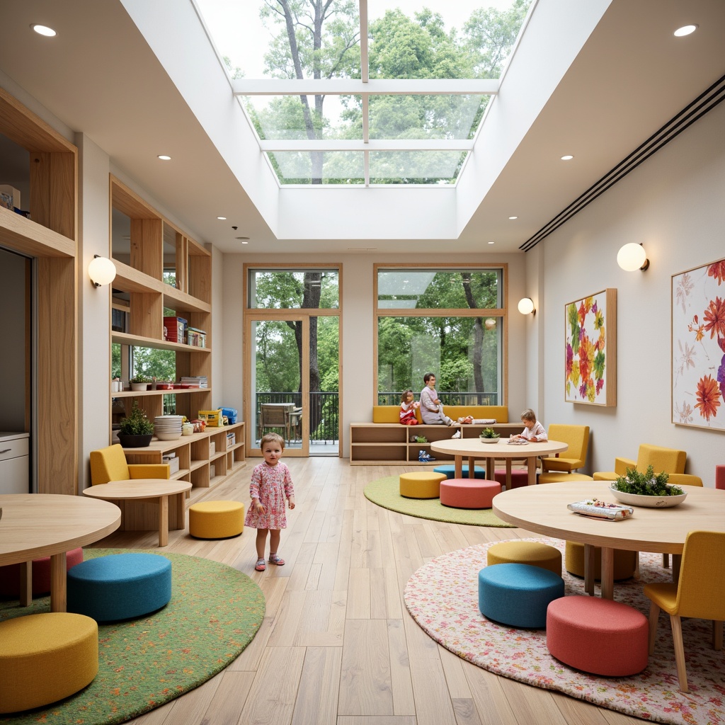 Prompt: Vibrant kindergarten interior, modernist architecture, open-plan layout, circular tables, colorful chairs, soft cushions, educational toys, interactive displays, minimalist shelving, natural wood accents, pastel color scheme, abundant natural light, clerestory windows, sliding glass doors, cozy reading nooks, textured rugs, geometric patterns, whimsical wall art, playful lighting fixtures, 1/1 composition, shallow depth of field, realistic textures, ambient occlusion.