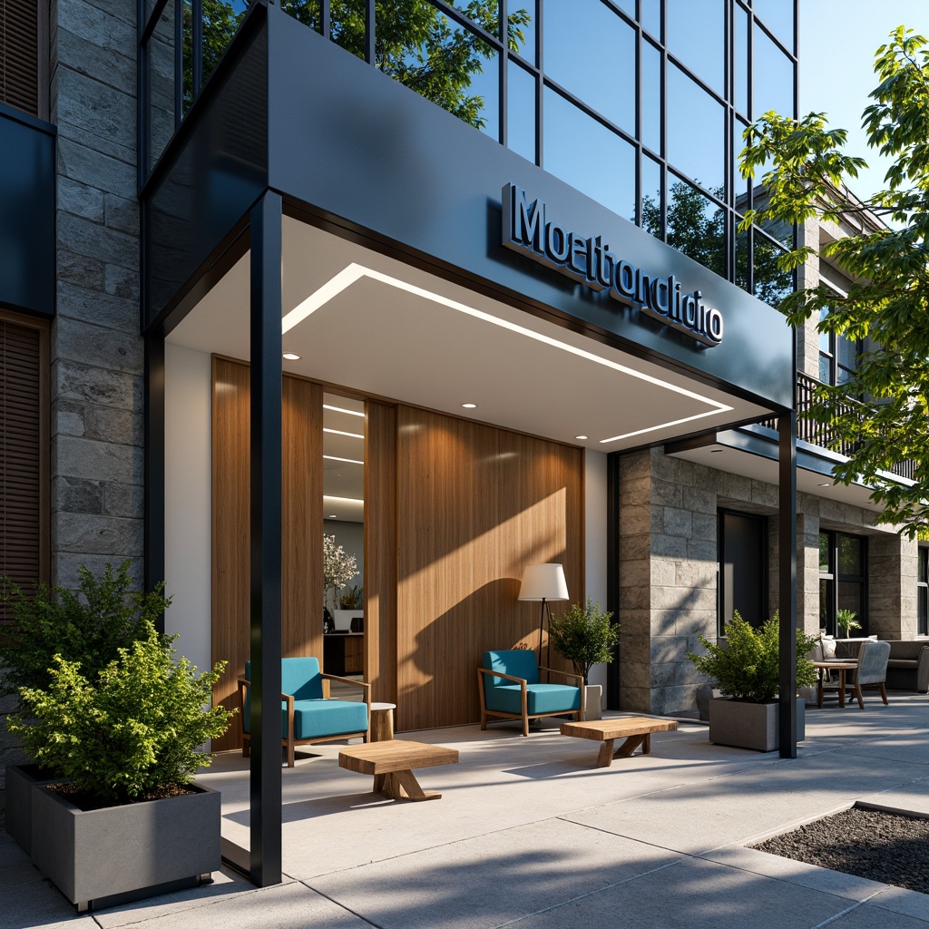 Prompt: Modern dental clinic, sleek glass facade, minimalist entrance, stainless steel frames, LED signage, calming blue accents, natural stone walls, wooden interior design, comfortable waiting area, ergonomic chairs, green plants, soft warm lighting, shallow depth of field, 3/4 composition, realistic textures, ambient occlusion, urban cityscape, morning sunlight, subtle shadows.